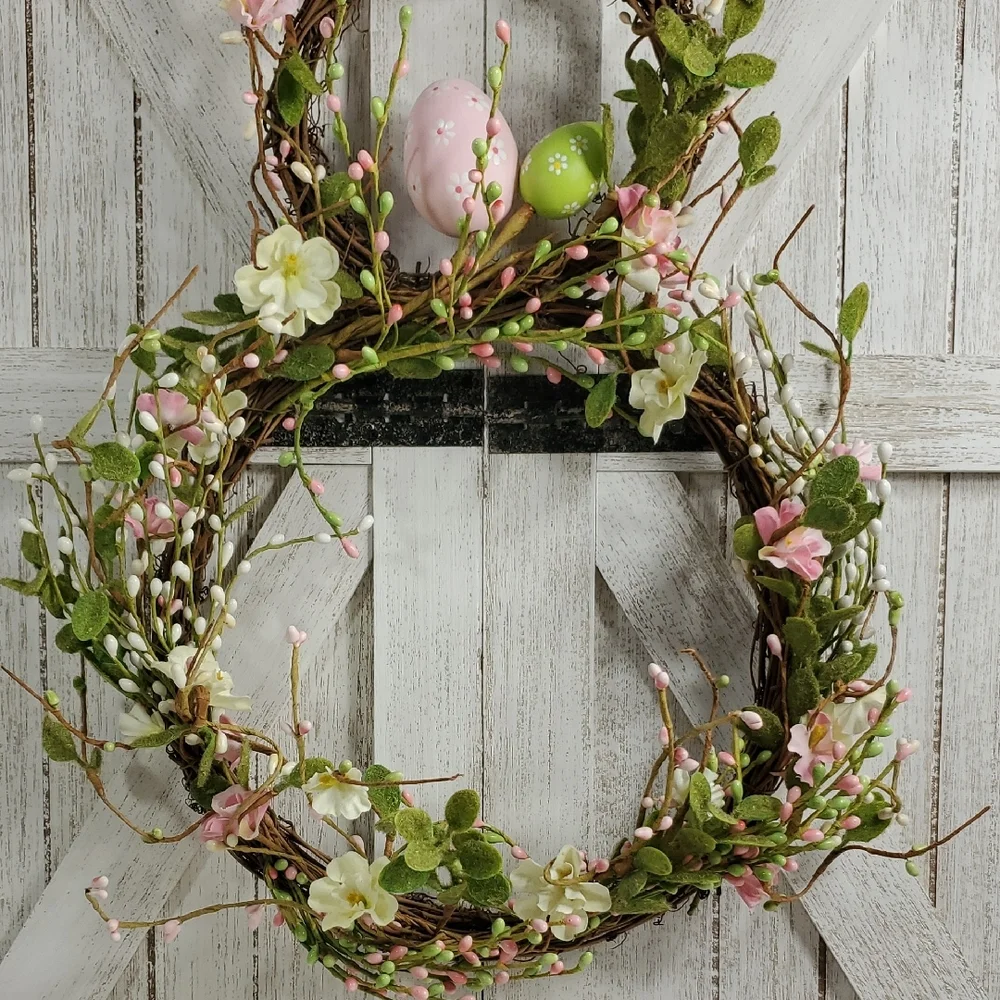 Easter Bunny Shaped Grapevine Holiday Wreath with Pastel Eggs & Flowers